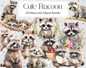 Cute Racoon Watercolor Clipart, Cute Woodland Animal Clipart, Baby Racoon, Commercial Use, Instant Download