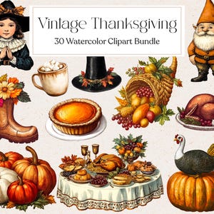 Clipart vintage del Ringraziamento, Clipart autunnale ad acquerello, PNG di tacchino, Arte vintage, Diario spazzatura, Download immediato