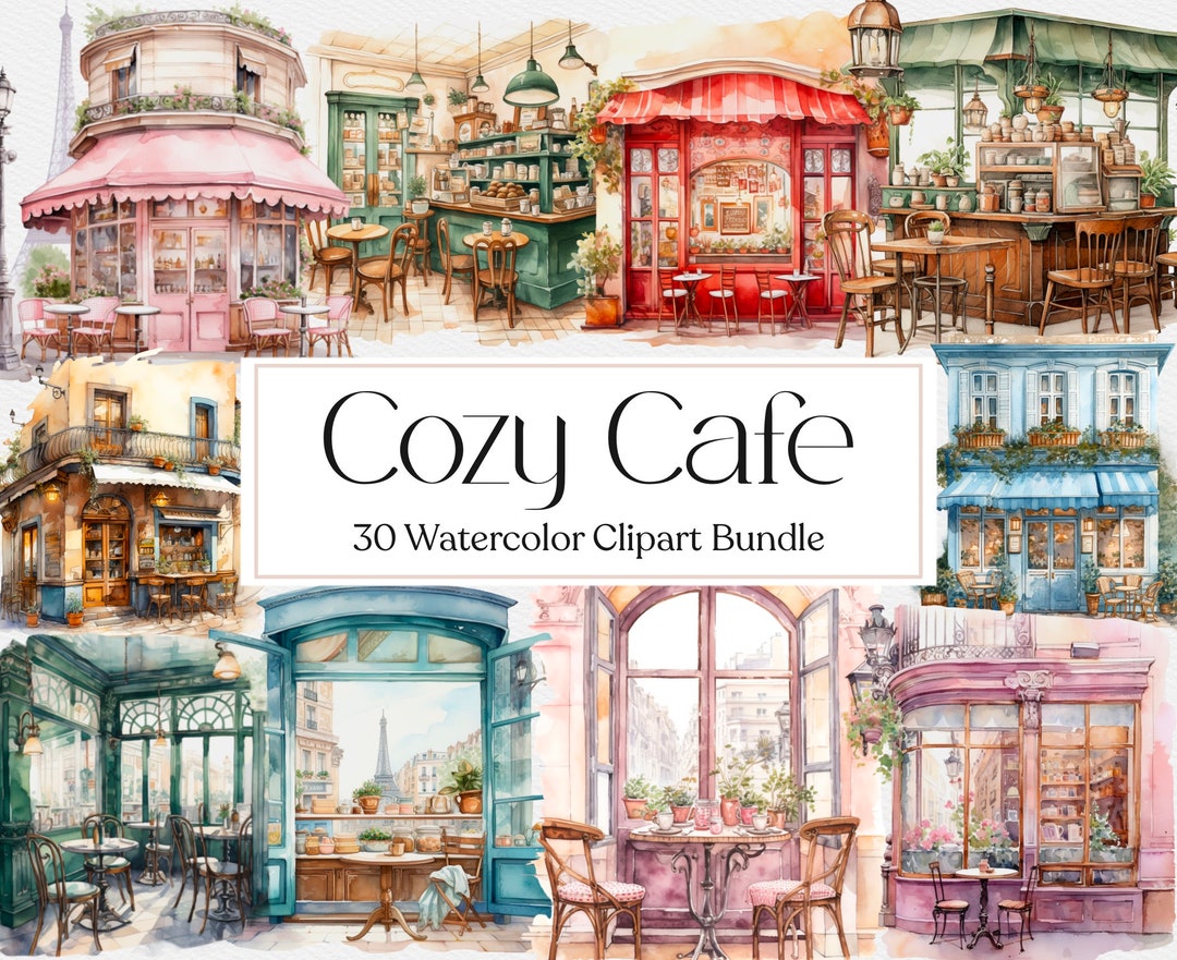 30 Watercolor Cozy Cafe Clipart, Cafe Clipart, Vintage Cafe Clipart ...