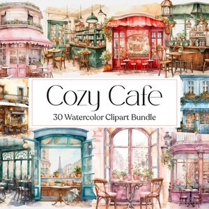 30 imágenes prediseñadas de cafeterías acogedoras en acuarela, imágenes prediseñadas de cafeterías, imágenes prediseñadas de cafeterías vintage, imágenes prediseñadas de escenas acogedoras, descarga instantánea, uso comercial