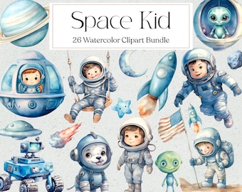 May include: A watercolor clipart bundle featuring space-themed illustrations. The bundle includes a rocket, a spaceship, a planet, a star, a moon, an alien, and astronauts. The illustrations are in shades of blue, white, and gray.