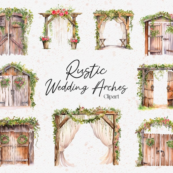 20 Rustic Wedding Arch Clipart, Watercolor Wedding Arch, Wooden Barn Door, Country Wedding, Instant Download, Commercial Use