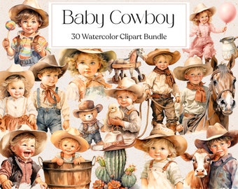 May include: A set of 30 watercolor clipart images featuring adorable baby cowboys and cowgirls. The illustrations include children wearing cowboy hats, holding toy horses, riding horses, and playing with farm animals. The images are perfect for creating invitations, cards, scrapbook pages, and other craft projects.