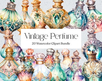 20 Vintage Perfume Bottles Watercolor Clipart, Boho Clipart, Fashion Clipart, Scrapbook, Instant Download, Commercial Use