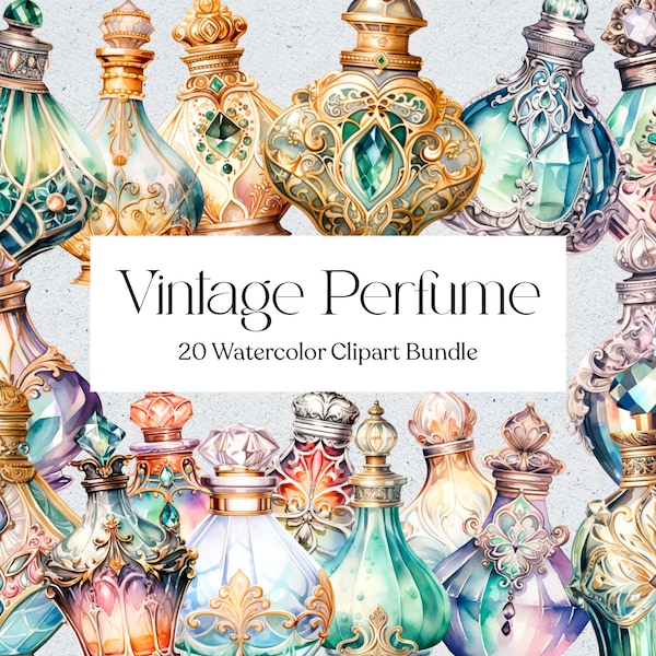 20 Vintage Perfume Bottles Watercolor Clipart, Boho Clipart, Fashion Clipart, Scrapbook, Instant Download, Commercial Use