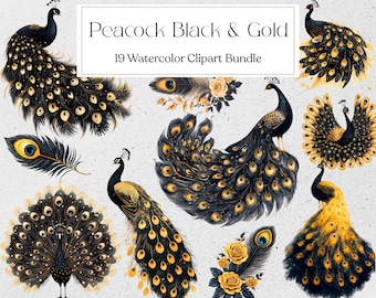 Black & Gold Peacock Clipart, Watercolor Peacock PNG, Beauty Bird Graphic, Junk Journal, Instant Download