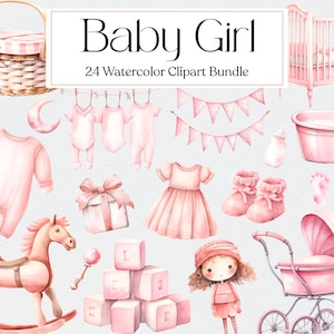 Baby Mädchen Aquarell Clipart, Baby Clipart, Baby Shower, Kinderzimmer Kunst, Gender Reveal, Geburtstagseinladung Clipart, Instant Download