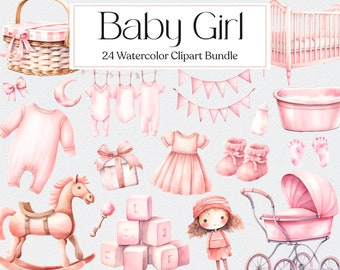Baby Girl Watercolor Clipart, Baby Clipart, Baby Shower, Nursery Art, Gender Reveal, Birthday Invitation Clipart, Instant Download