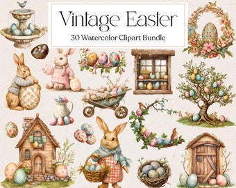 30 Vintage Easter Watercolor Clipart, Easter Egg Clipart, Vintage Junk Journal, Clipart Bundle, Instant Download, Commercial Use