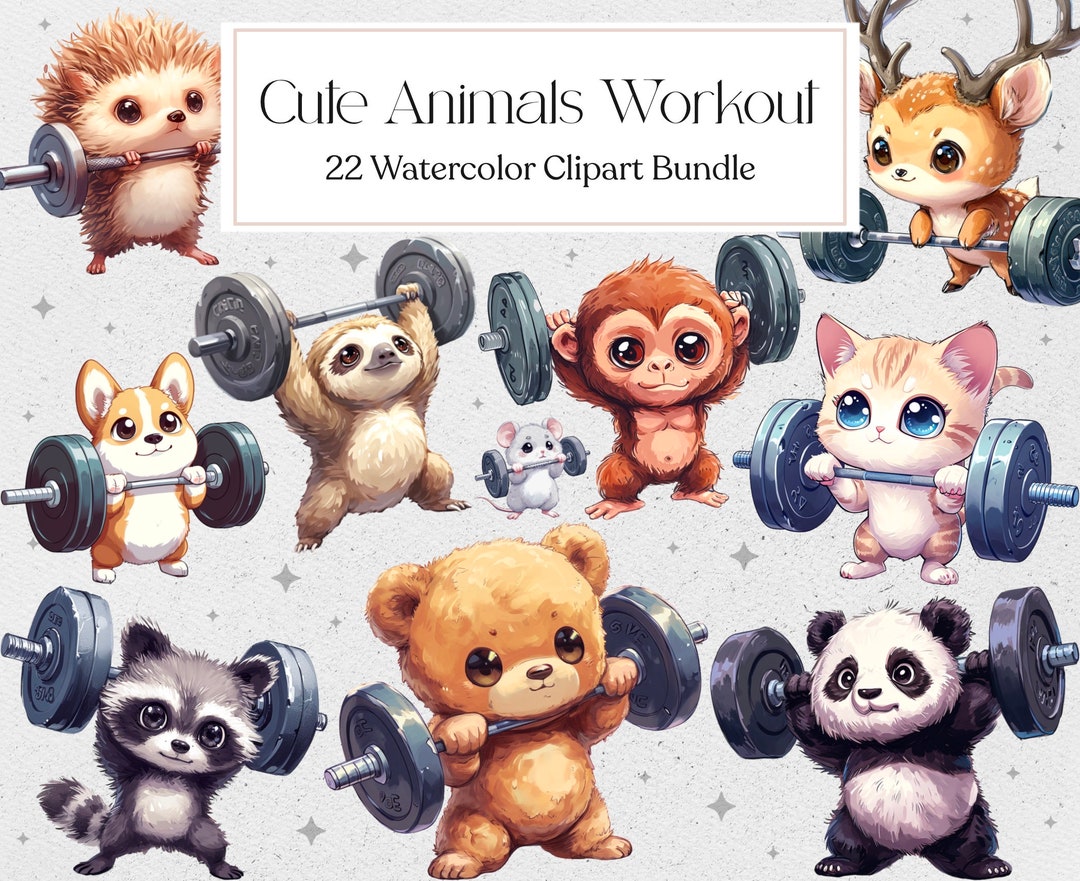 22 Cute Animals Workout Clipart, Kawaii Animals Clipart, Cute Sticker
