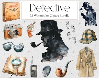 22 Detective Watercolor Clipart, Spy Clipart, Private Investigator Graphic, Scrapbooking, Invitation, Instant Download