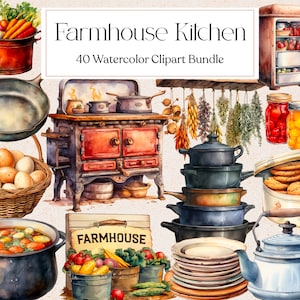 40 Clipart de cozinha de fazenda, Clipart de cozinha de campo em aquarela, Clipart rústico, Receitas, Placa de casa de fazenda, Scrapbooking, Download instantâneo