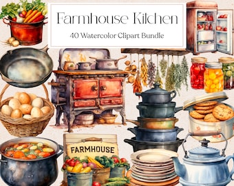40 imágenes prediseñadas de cocinas de granja, imágenes prediseñadas de cocinas campestres en acuarela, imágenes prediseñadas rústicas, recetas, letreros de granja, scrapbooking, descarga instantánea
