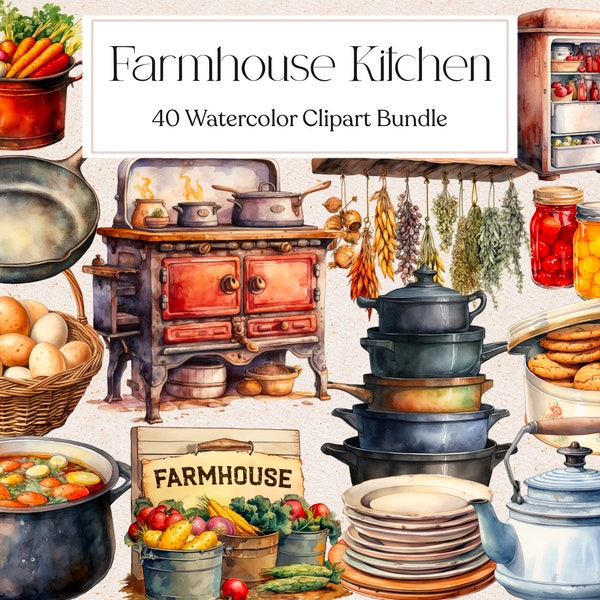 40 Farmhouse Kitchen Clipart, Watercolor Country Kitchen Clipart, Rustic Clipart, Recipes, Farmhouse Sign, Scrapbooking, Instant Download