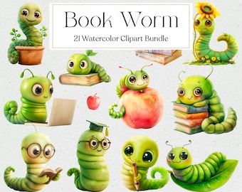 21 Cute Book Worm Clipart, Watercolor Caterpillar Clipart, Cute Green Worm, Reading Clipart, Back to School, Instant Download