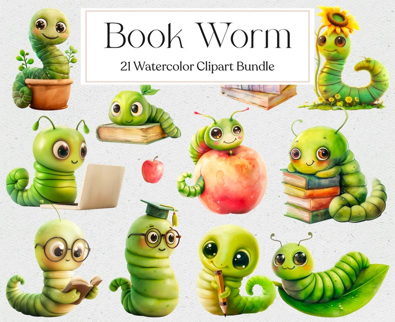 21 Cute Book Worm Clipart, Watercolor Caterpillar Clipart, Cute Green ...