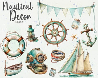 15 Nautical Decor Clipart, Marine Clipart, Watercolor Nautical clipart, Nautical Style Wedding, Instant Download, Commercial Use