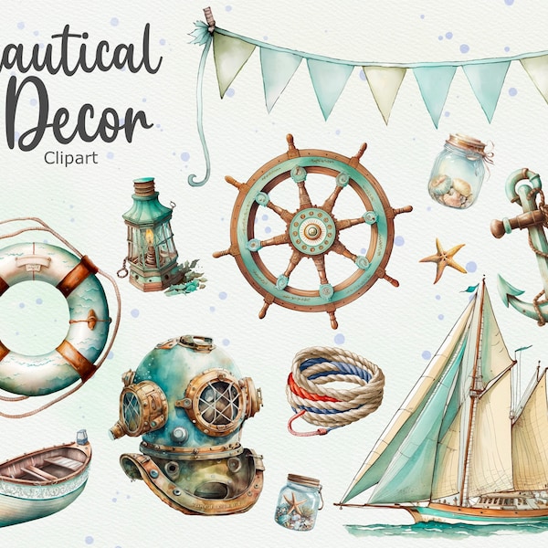 15 Nautical Decor Clipart, Marine Clipart, Watercolor Nautical clipart, Nautical Style Wedding, Instant Download, Commercial Use