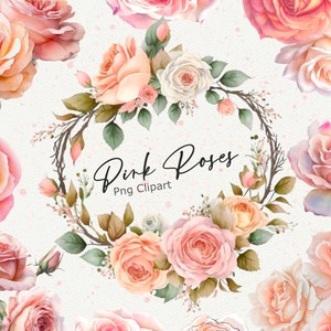 20 Pink Roses Clipart, Pastel Roses Png, Floral Arrangement, Rose Wreath, Wedding clipart, Instant Download, Commercial Use