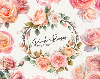 20 imagens de rosas cor-de-rosa, rosas em tons pastel em PNG, arranjo floral, coroa de rosas, clipart para casamento, download instantâneo, uso comercial.