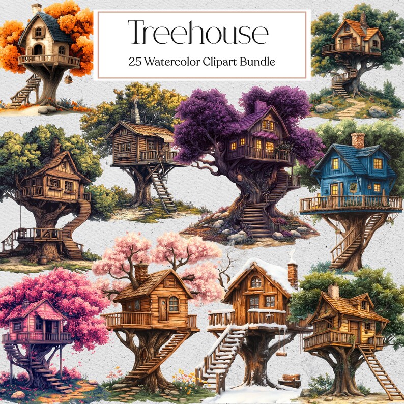 Treehouse With Color Watercolor Treehouse Clipart, Vintage Treehouse, Fantasy Clipart, Junk ...
