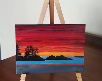 Small acrylic painting of Pacific Ocean beach on Vancouver Island. Original signed--Chesterman Beach Sunset 3.        4" x 6"