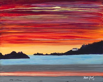 Colorful Limited Edition Giclée print of Vancouver Island Sunset.  Signed by artist  "Chesterman Beach Glow"   10" X 12"