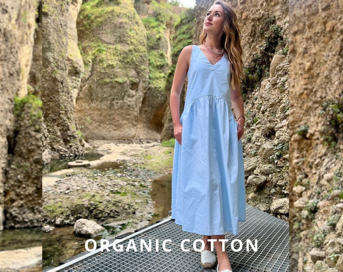Light Blue Organic Cotton Dress, Baby blue Summer Dress, Women Dress, Midi Dress, Blue Cotton Dress, Organic Cotton, Dress for Women