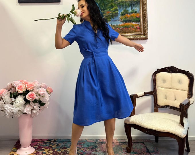 Organic Cotton Shirt Dress, Cotton Clothing, Plus Size Dress, Formal Dress, Midi Cotton Dress, Casual Dress, Royal Blue Dress