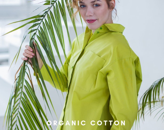 Organic Cotton Shirt, Organic Cotton Blouse, Green Shirt, Collar Shirt, Sustainable Closing, Elegant Blouse, Plus Size Shirt