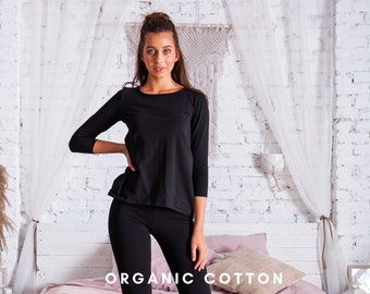 Top in cotone biologico nero: tunica in maglia jersey con maniche a 3/4