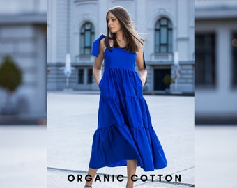 Cobalt Cotton Dress, Organic Cotton Dress, Summer cotton Dress, Comfortable dress, Cotton dress, Midi cotton dress, Women Dress, Blue Dress