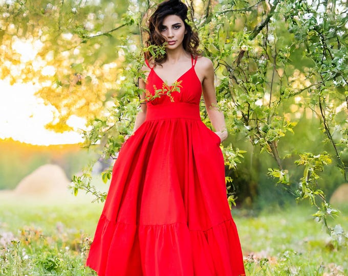 Red Maxi Dress, Organic Cotton Dress, Strap Dress, Summer Outfit, Beach Wedding, Romantic Dress, Resort wear, Plus Size Dress