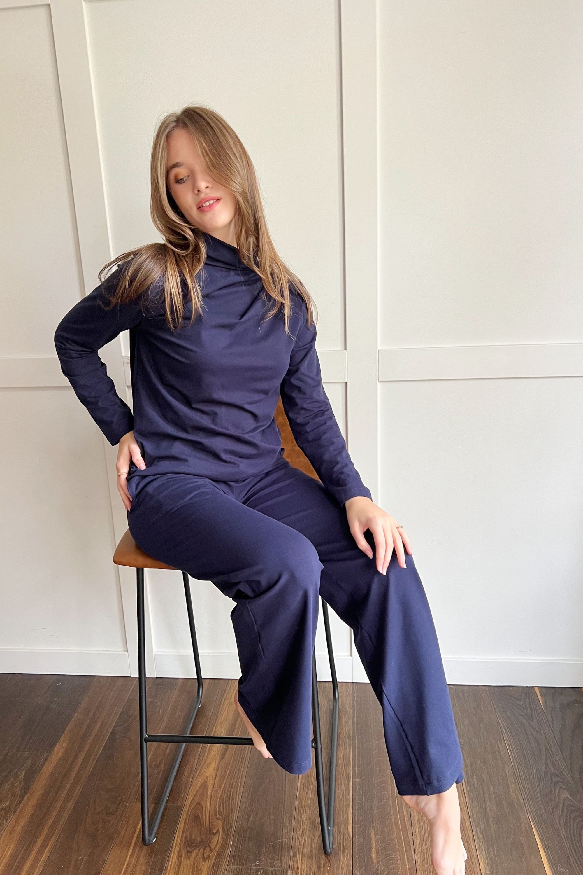 Navy Blue Organic Cotton Pants, Navy Trousers, High Waisted Pants