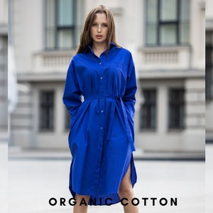 Oversize shirt women, Blue Shirt Dress, Collar shirt, Long sleeve shirt, Blue Organic Cotton, Plus size shirt, Collar women shirt