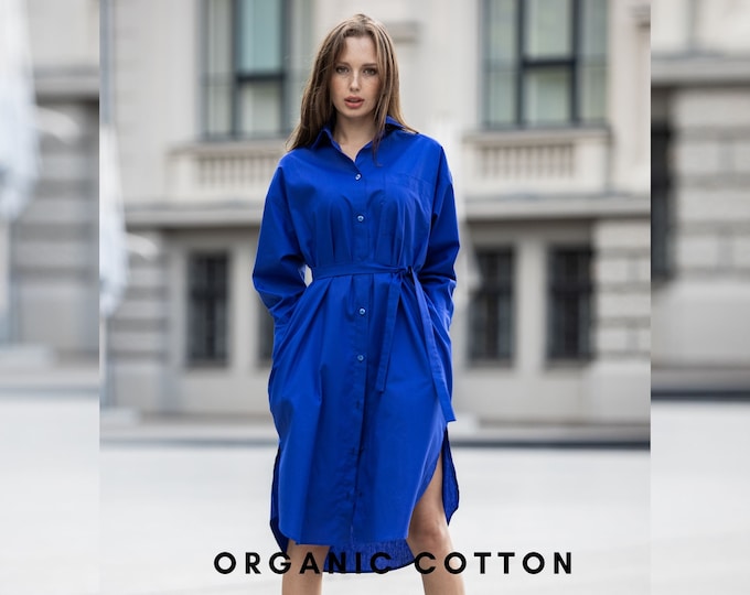 Oversize shirt women, Blue Shirt Dress, Collar shirt, Long sleeve shirt, Blue Organic Cotton, Plus size shirt, Collar women shirt