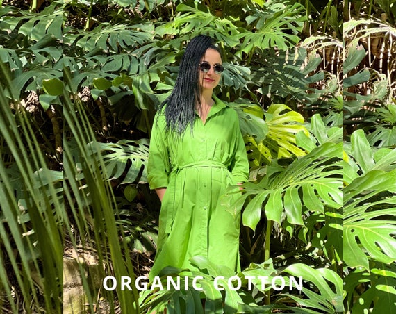 bright green shirt dress Organic Cotton Dress, Oversized Long Sleeve Button Down Dress, Organic Cotton Midi Shirt Dress, Plus Size Summer Linen dress