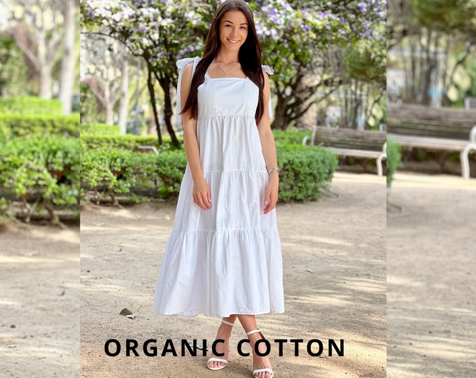 White Cotton Dress, Organic Cotton Dress, Summer cotton Dress, Comfortable dress, Cotton dress, Midi cotton dress, Women Dress, Blue Dress