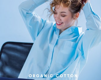 Light Blue Organic Cotton Shirt Women, Oversized Long Sleeve Collar Blouse, GOTS Cotton Button Down Shirt, Plus Size Work Blouse