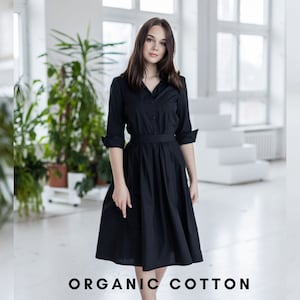 black long sleeve dress white collar Organic Cotton Shirt Dress, Midi With Pockets Style:Modern 6 Smart Outfits for new-notte With long sleeves and