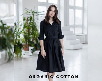 Black Organic Cotton Dress, Black Dress, Collar Dress, Classic Black Dress, Midi Dress, Dress with Pockets, Organic Cotton, Summer Dress