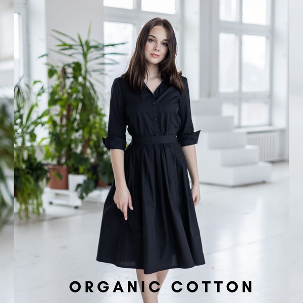 Robe en coton biologique noir, robe noire, robe col, robe noire classique, robe midi, robe avec poches, coton biologique, robe d'été