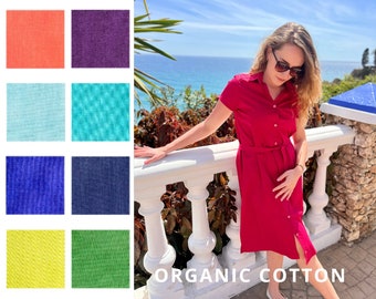 Organic Cotton Shirt Dress Women, Midi Summer Dress with Belt, Organic Cotton Short Sleeve Dress, Plus Size Dress, Choose Colour