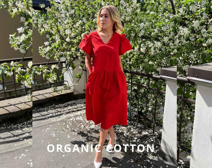 Red cotton Oversize dress, Frill sleeve dress, V-neckline, Airy and voluminous dress, Dress with pockets, Stylish and comfortable dress