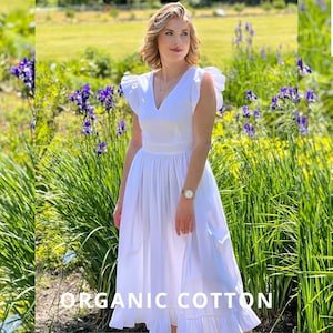 Women&#39;s summer dress,White organic cotton dress,Puffy sleeve dress, White ruffle dress, Sustainable cotton dress, Boho dress, Feminine dress