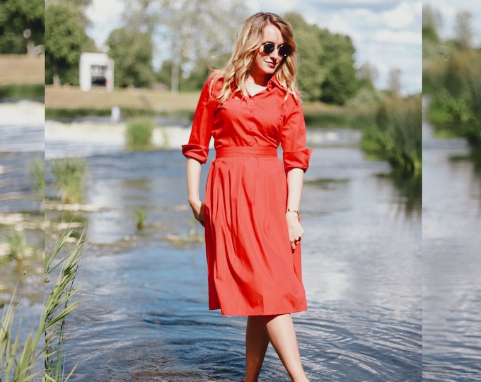 Red Cotton Dress, Red Shirt Dress, Collar Dress, Plus Size Clothing, Dress With Pockets, Women Midi Dress, Fit And Flare Dress