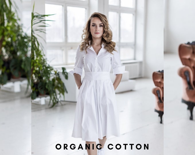 White Organic Cotton Dress, White Dress, Collar Dress, Classic White Dress, Midi Dress, Dress with Pockets, Organic Cotton, Summer Dress