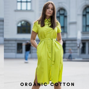 Vestido de algodón orgánico color lima, vestido con cuello, vestido camisero, vestido de algodón de verano, vestido sostenible, vestido de mujer, vestido de talla grande