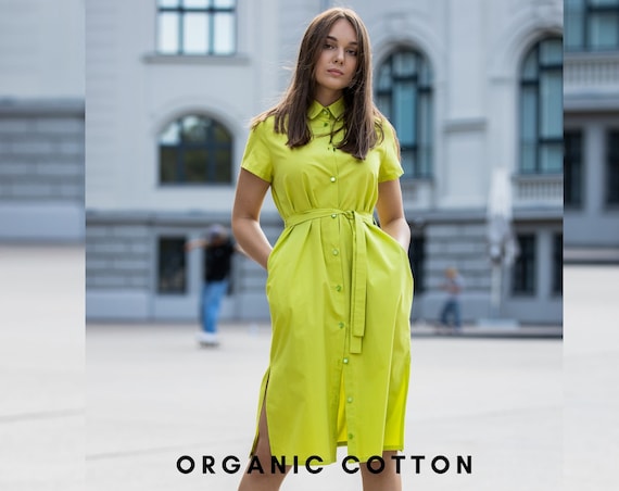 Lime Green Organic Cotton Shirt Dress, Midi Summer Dress With Belt, GOTS Cotton Short Sleeve Dress, Plus Size Cotton Dress, Gift
