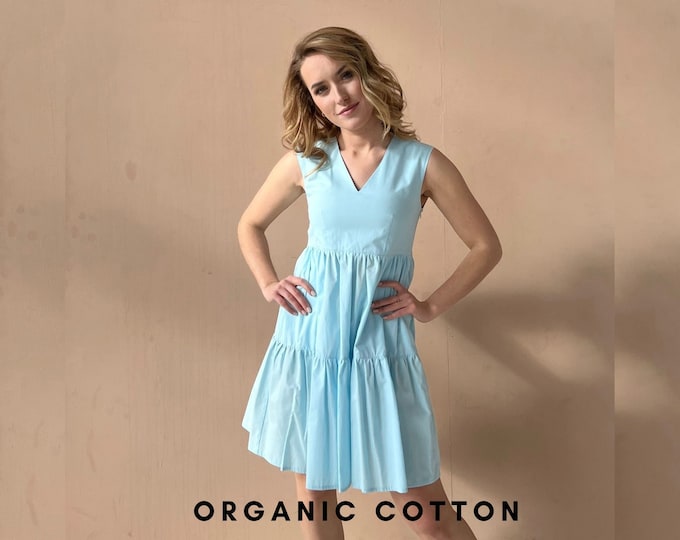 Light Blue Cotton Mini Dress, Organic Cotton Dress, Summer Mini Dress, Summer Cotton Dress, Dress with ruffle, Flared Dress, Ruffle Dress